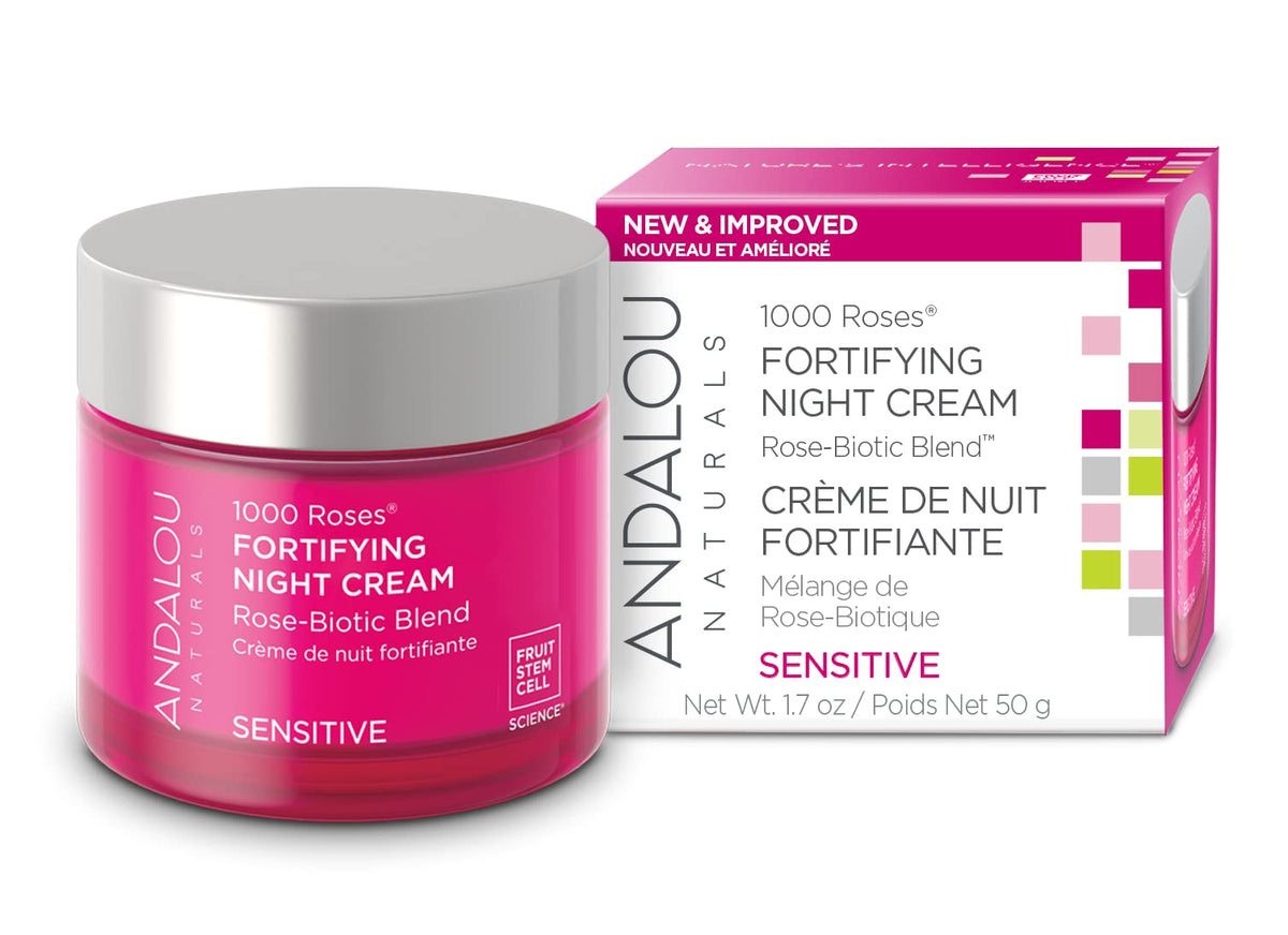 Andalou Naturals 1000 Roses Fortifying Night Cream jar close-up for overnight hydration.