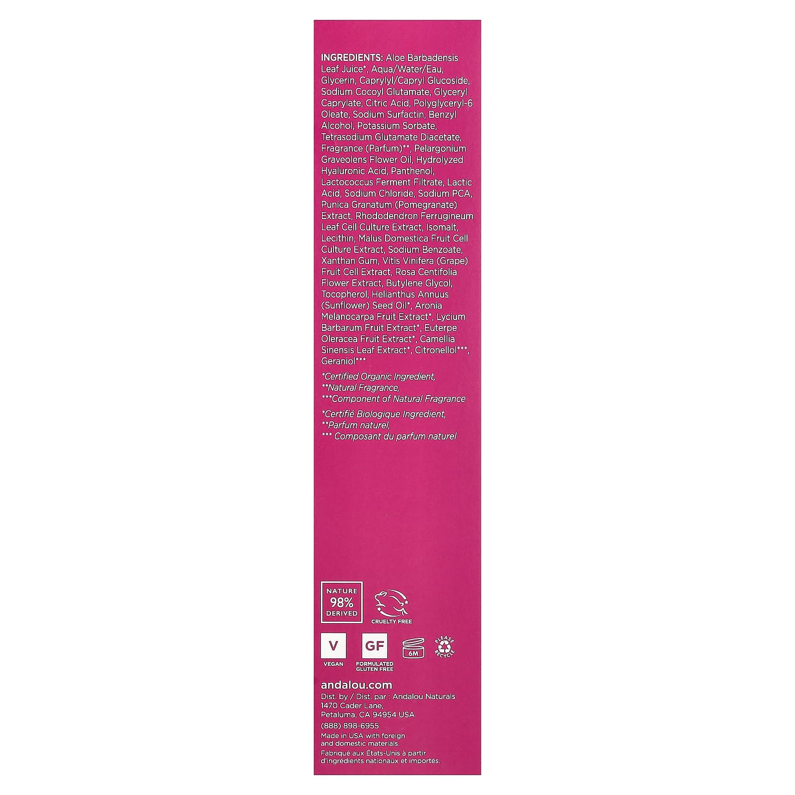 Andalou Naturals 1000 Roses Toner rose ingredients close-up highlighting postbiotics