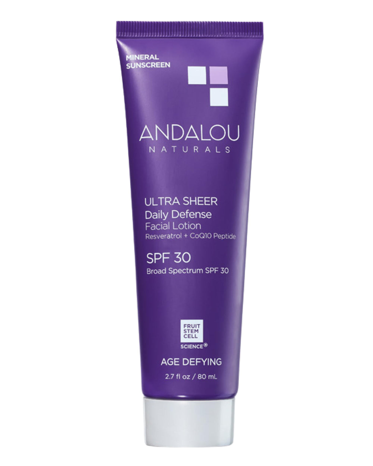 Andalou Naturals Age Defying Ultra Sheer SPF 30 bottle with mineral sun protection.