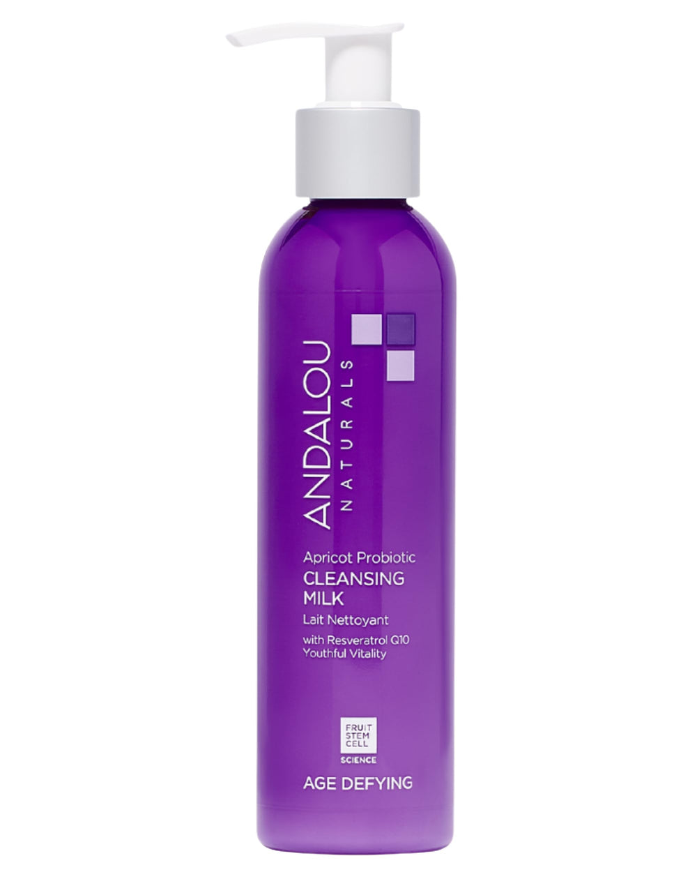 Andalou Naturals Apricot Probiotic Cleansing Milk bottle on clean surface for gentle makeup removal.