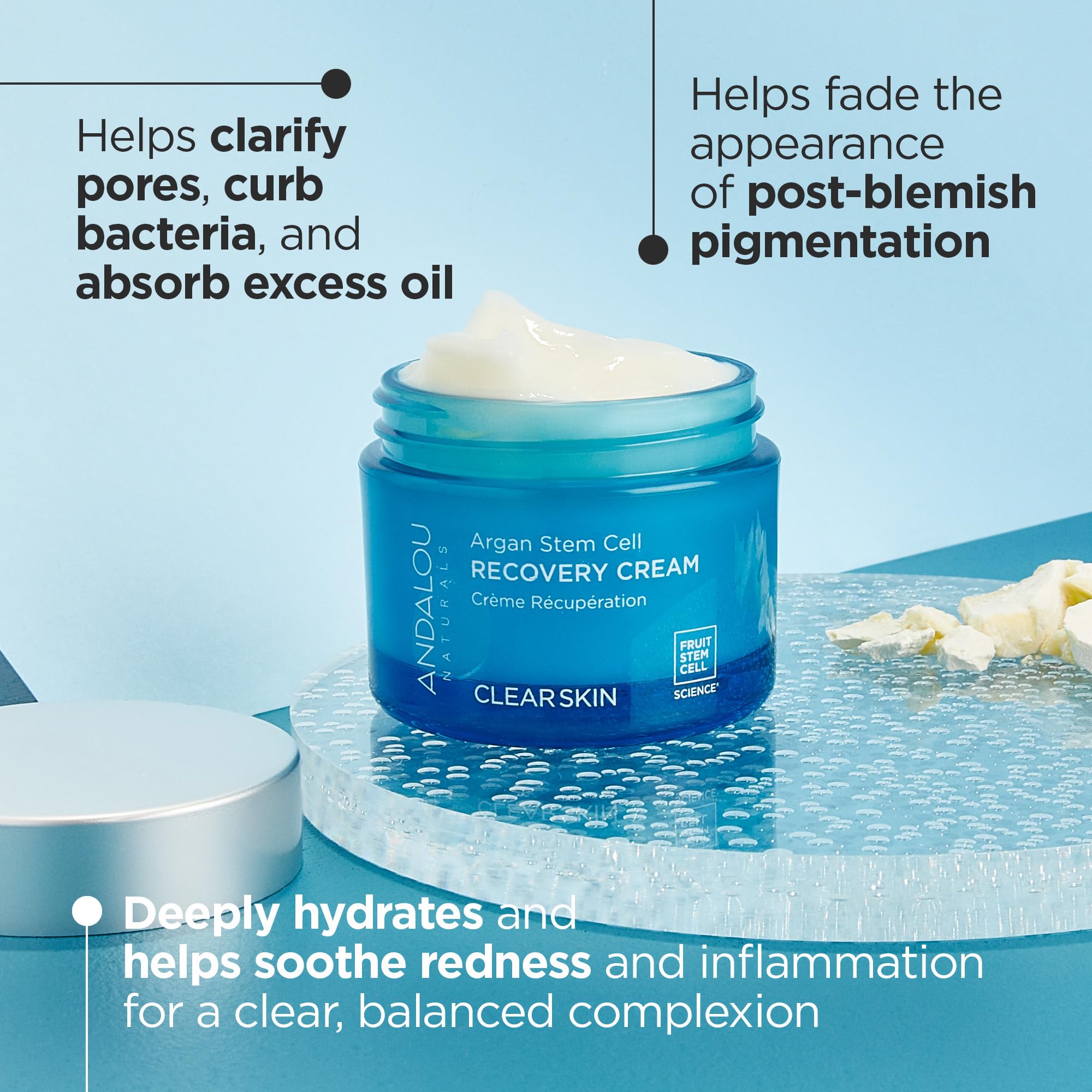 Andalou Naturals Argan Stem Cell Recovery Cream jar closeup highlights soothing, calm formula.