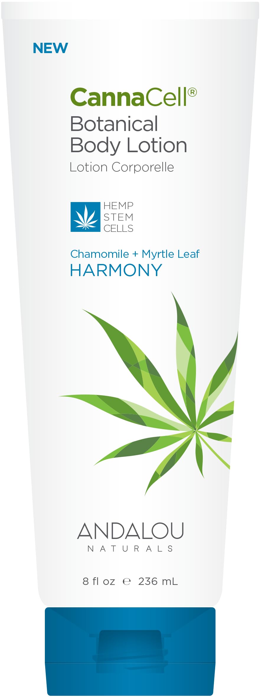 Andalou Naturals CannaCell Harmony lotion bottle highlighting nourishing body care for all skin types.