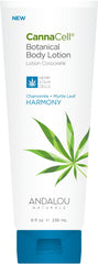 Andalou Naturals CannaCell Harmony lotion bottle highlighting nourishing body care for all skin types.