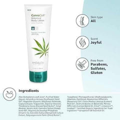 Closeup of ingredients in Andalou Naturals CannaCell Joyful lotion.