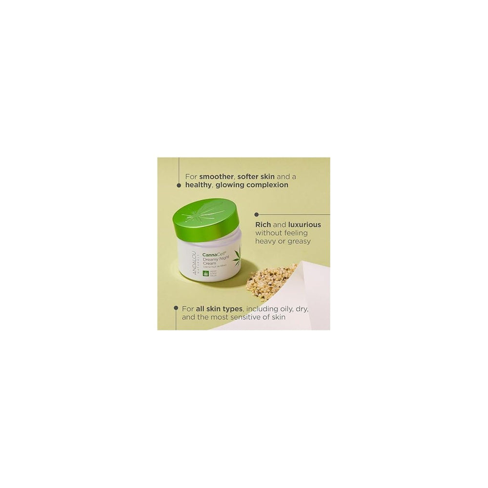 Andalou Naturals CannaCell Dreamy Night Cream jar close-up showing creamy texture.