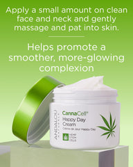 Andalou Naturals Cannacell Happy Day Cream tube with hemp seed oil for antioxidant support.