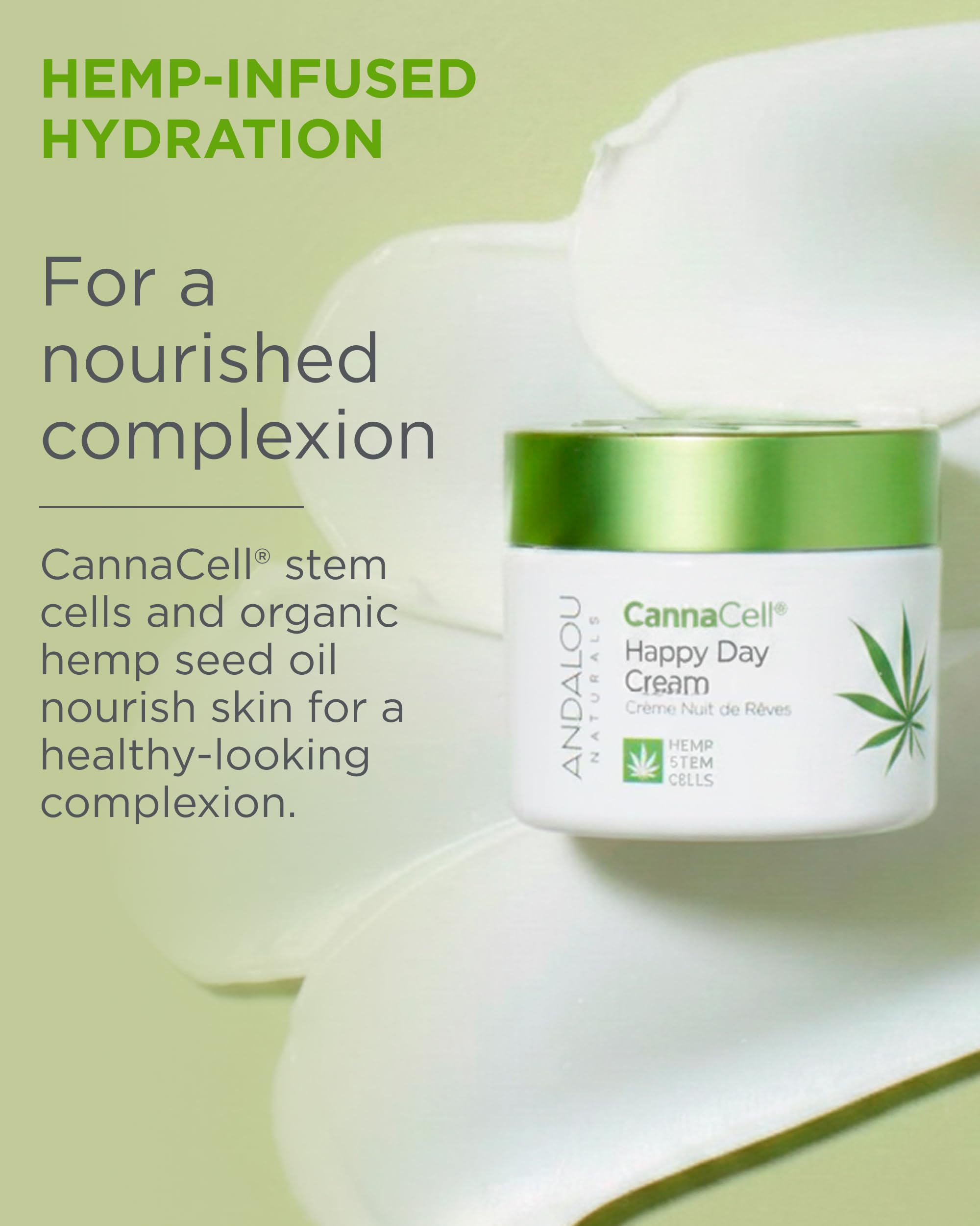 Andalou Naturals Cannacell Happy Day Cream label detailing vegan, gluten-free, cruelty-free ingredients.