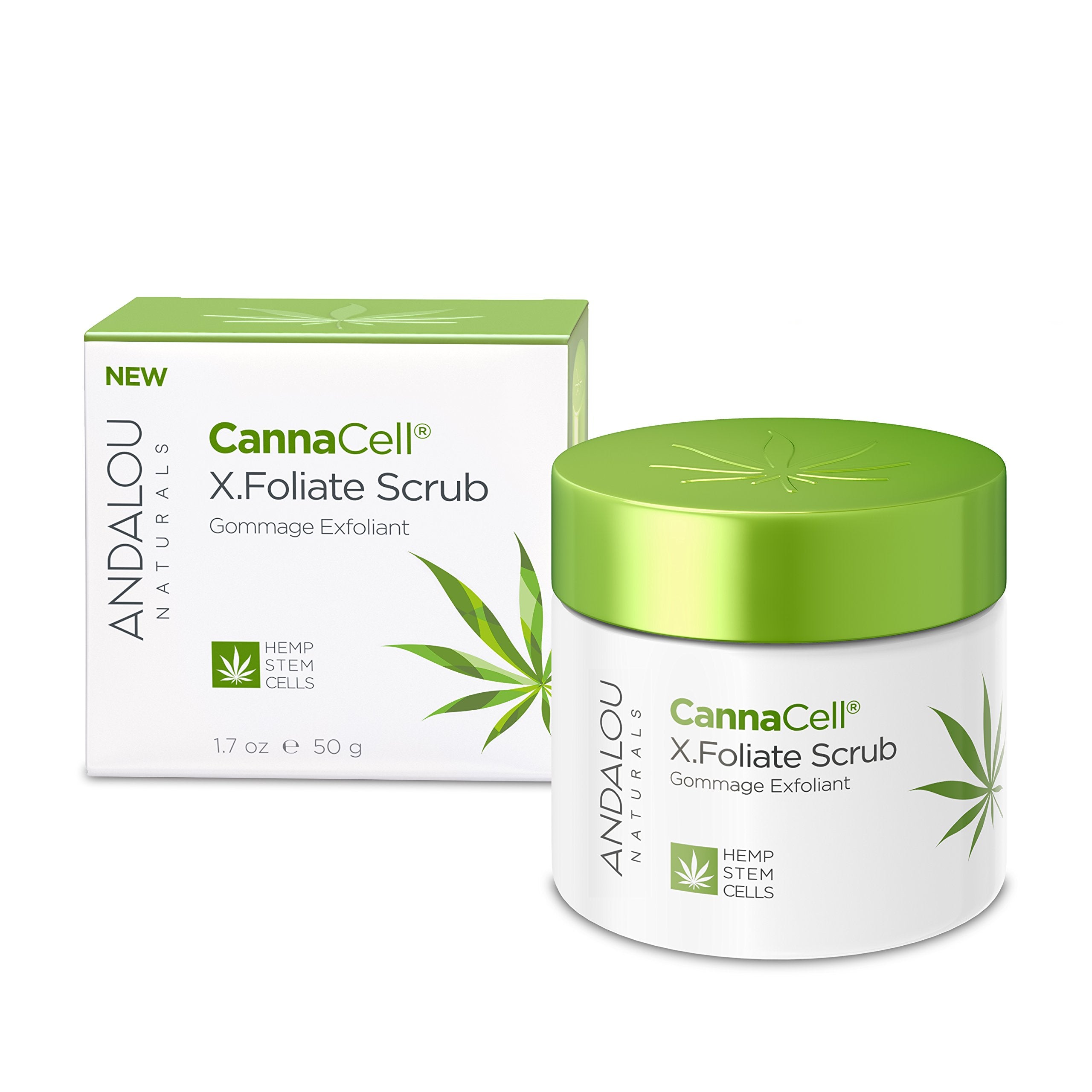 Andalou Naturals CannaCell X.Foliate Scrub jar closeup for radiant, refreshed skin.