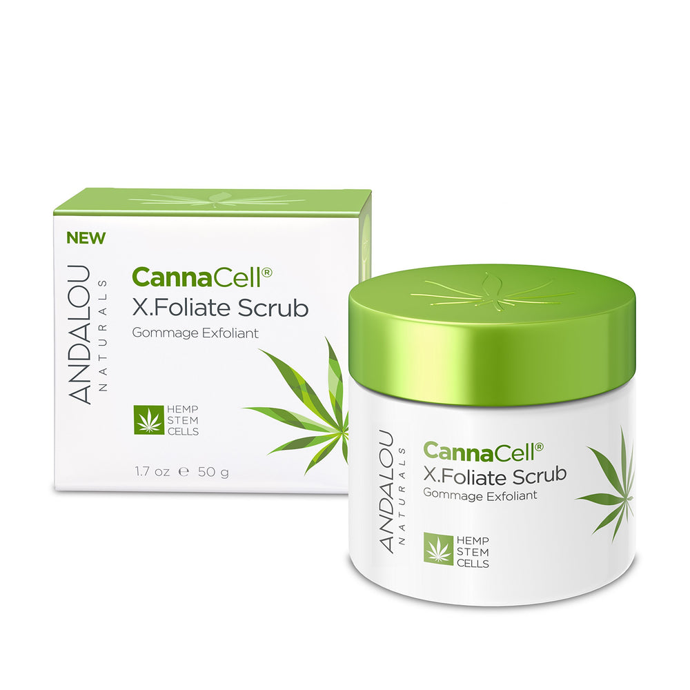 Andalou Naturals CannaCell X.Foliate Scrub jar closeup for radiant, refreshed skin.