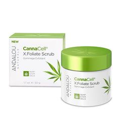Andalou Naturals CannaCell X.Foliate Scrub jar closeup for radiant, refreshed skin.