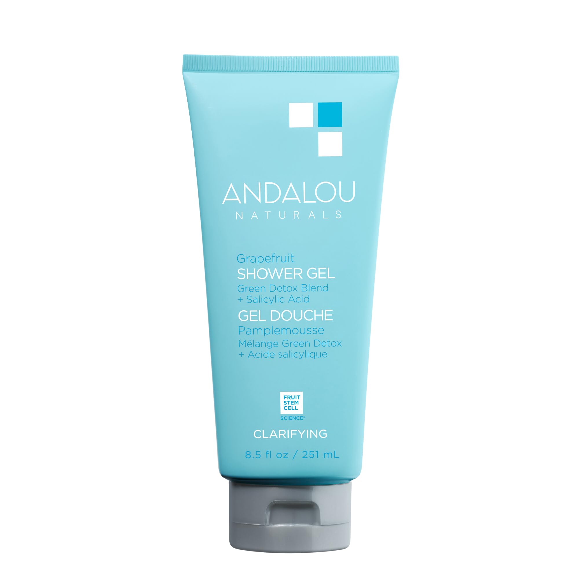 Andalou Naturals Clarifying Grapefruit Shower Gel bottle with refreshing citrus aroma for a cleansing moment