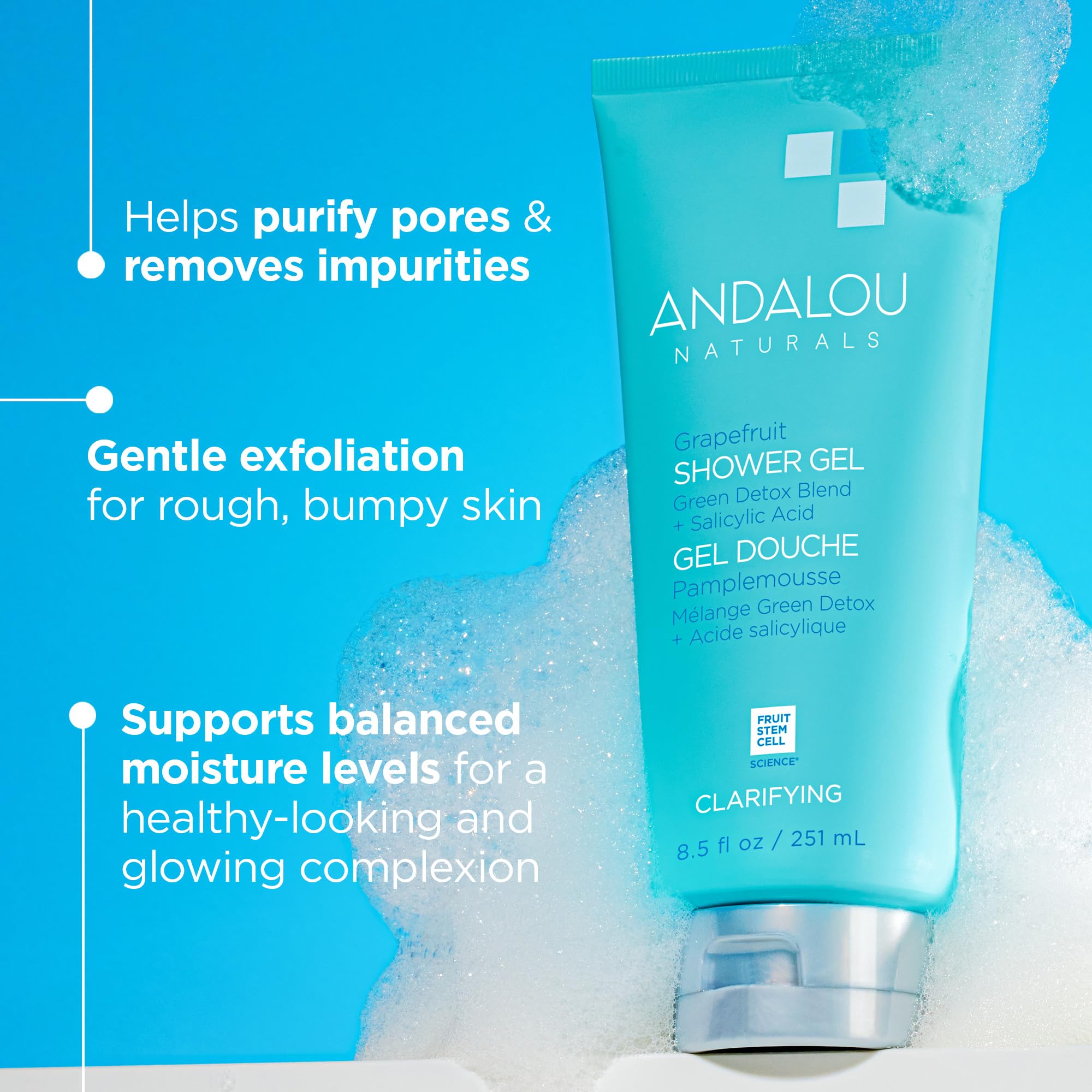 Foam-lather close-up of Andalou Naturals Clarifying Grapefruit Shower Gel showing exfoliating texture