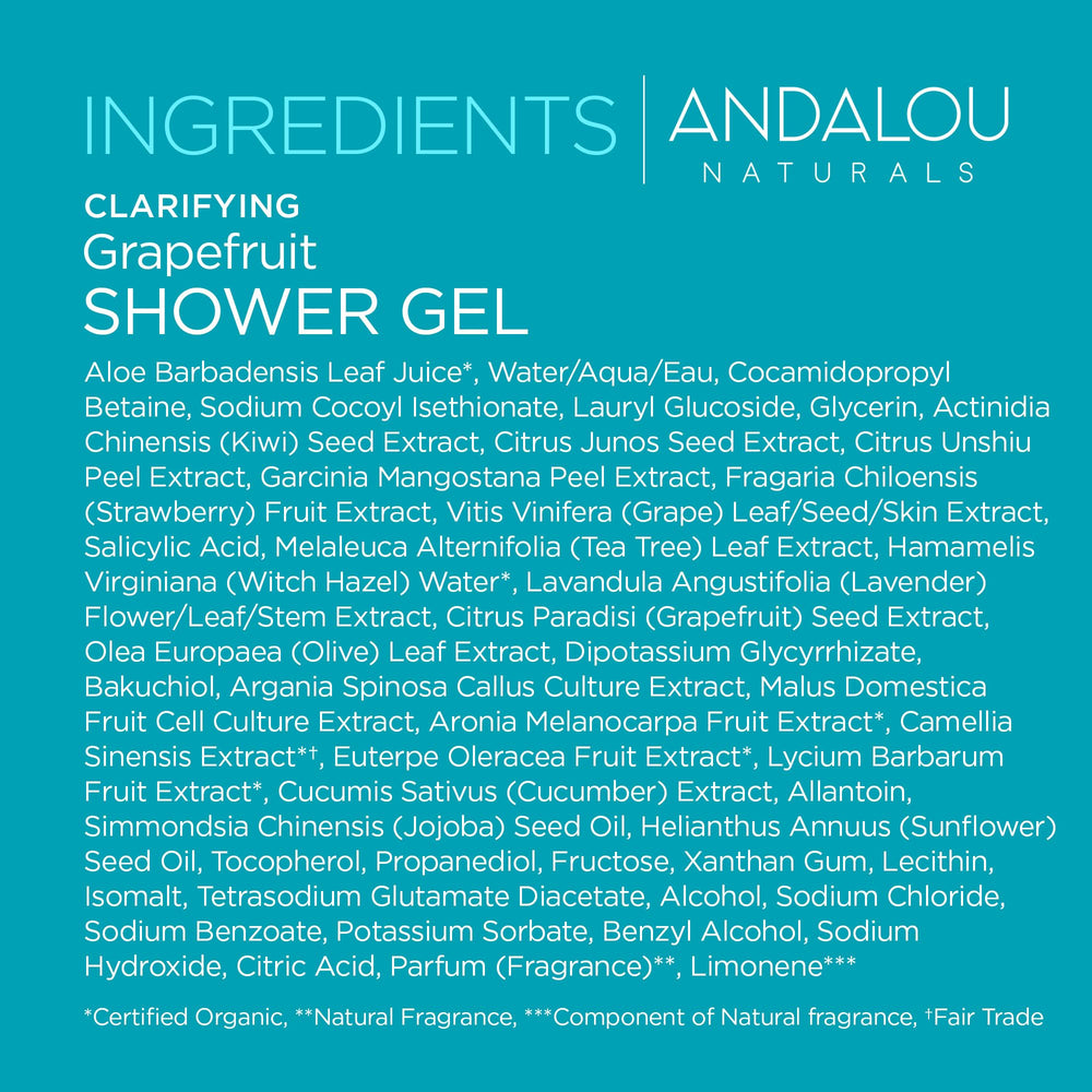 Pouring Andalou Naturals Clarifying Grapefruit Shower Gel into a shower for a refreshing routine
