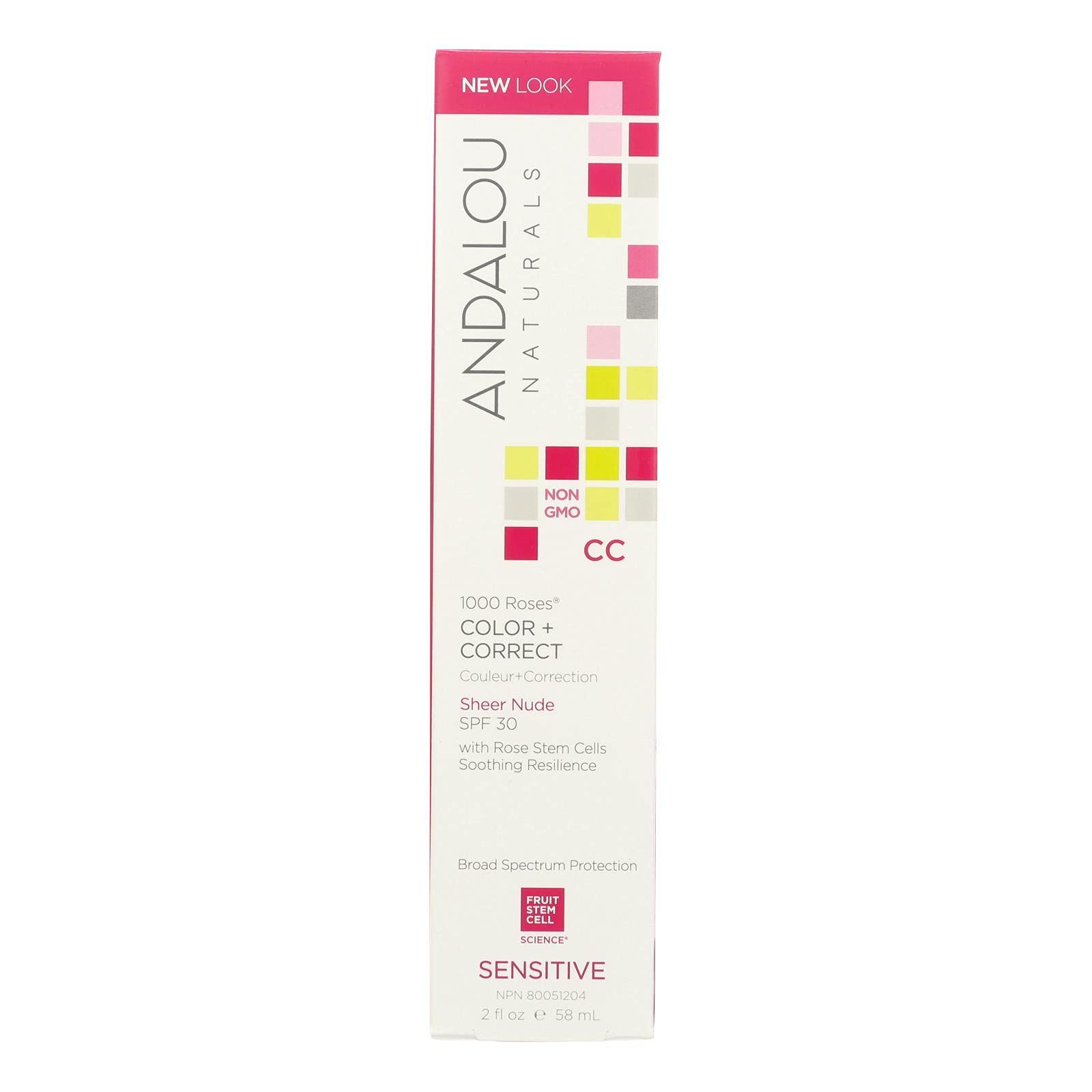 Andalou Naturals Color plus Correct Sheer SPF 30 Nude bottle for lightweight sun protection and color correction