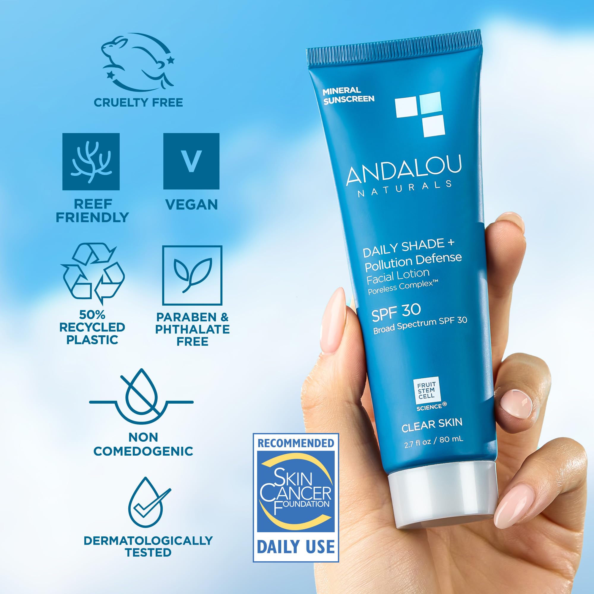 Andalou Naturals Daily Shade clean, vegan, gluten-free ingredients label is clearly shown.