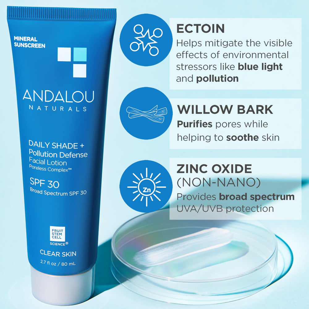 Andalou Naturals Daily Shade highlights resveratrol and CoQ10 antioxidants in the formula.