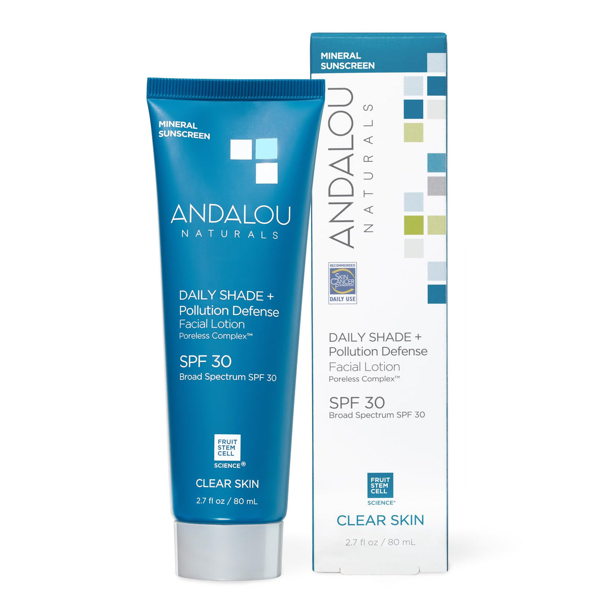 Andalou Naturals Daily Shade SPF 30 sunscreen bottle provides daily mineral sun protection.