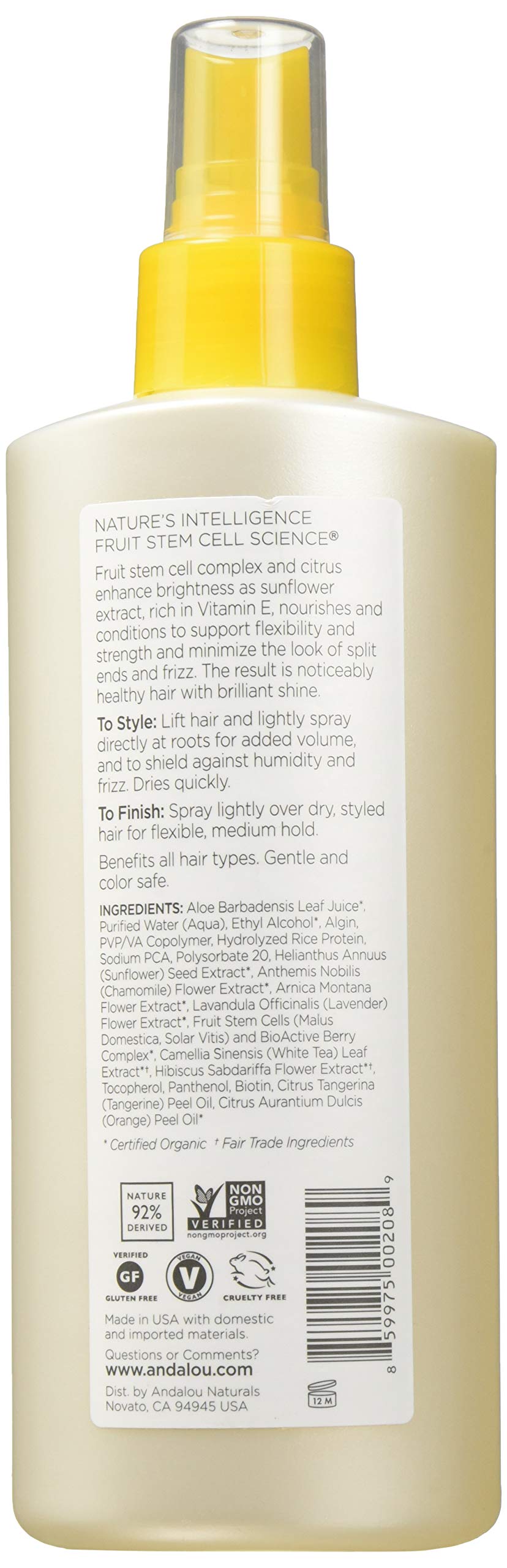 Andalou Naturals hair spray bottle close-up shows the citrus aroma, ideal for everyday styling.