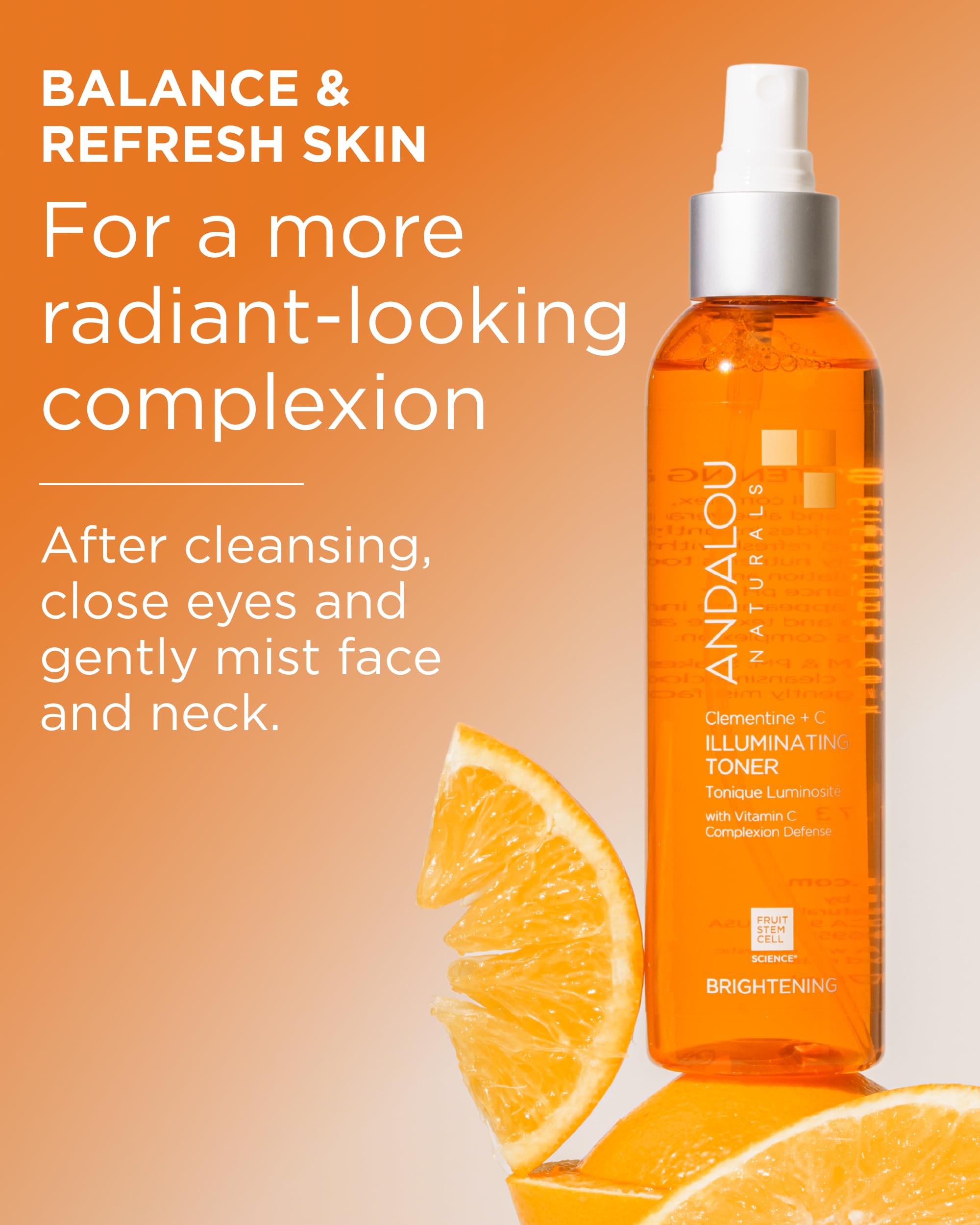 Andalou Naturals Illuminating Toner Clementine Vitamin C mist on face demonstrates gentle application.