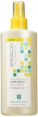 Andalou Naturals Medium Hold Hair Spray bottle with sunflower citrus, delivering flexible hold and natural shine.