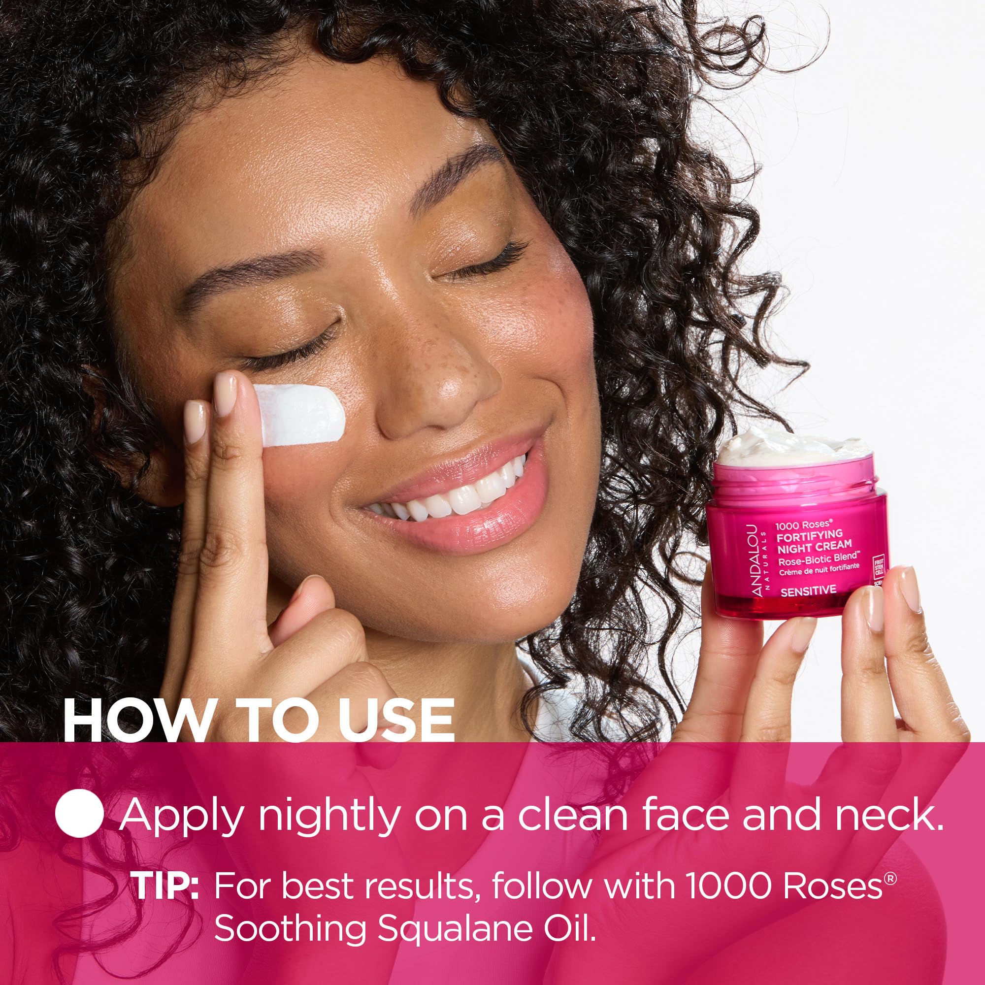 Andalou Naturals postbiotics night-cream application demonstrating barrier-support potential.