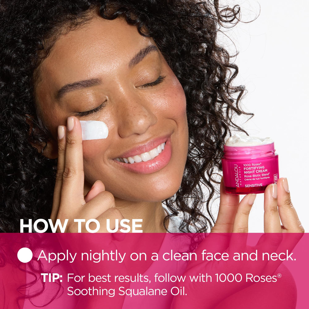 Andalou Naturals postbiotics night-cream application demonstrating barrier-support potential.