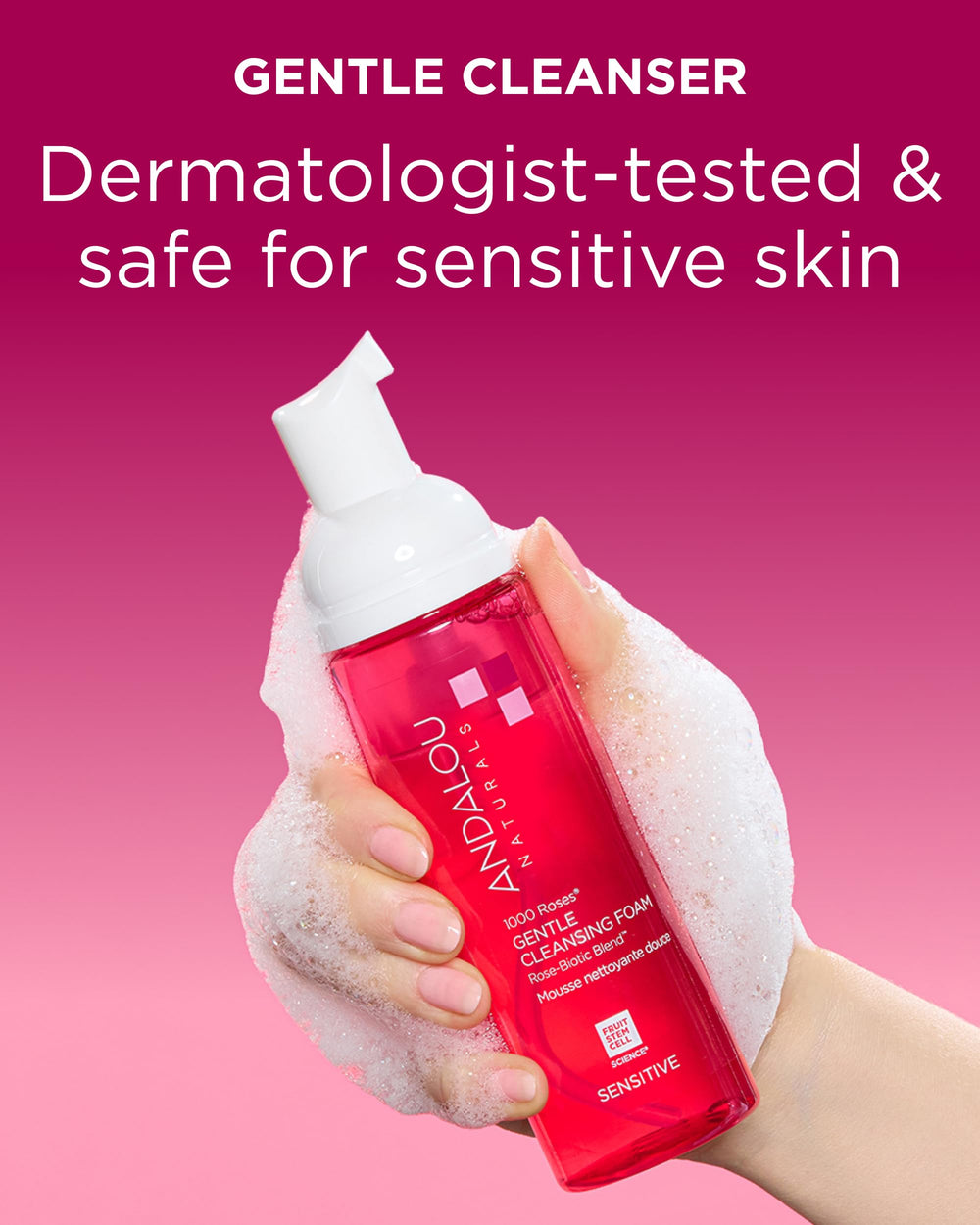Andalou Naturals rosa centifolia blend with postbiotics for nourishing cleansing.