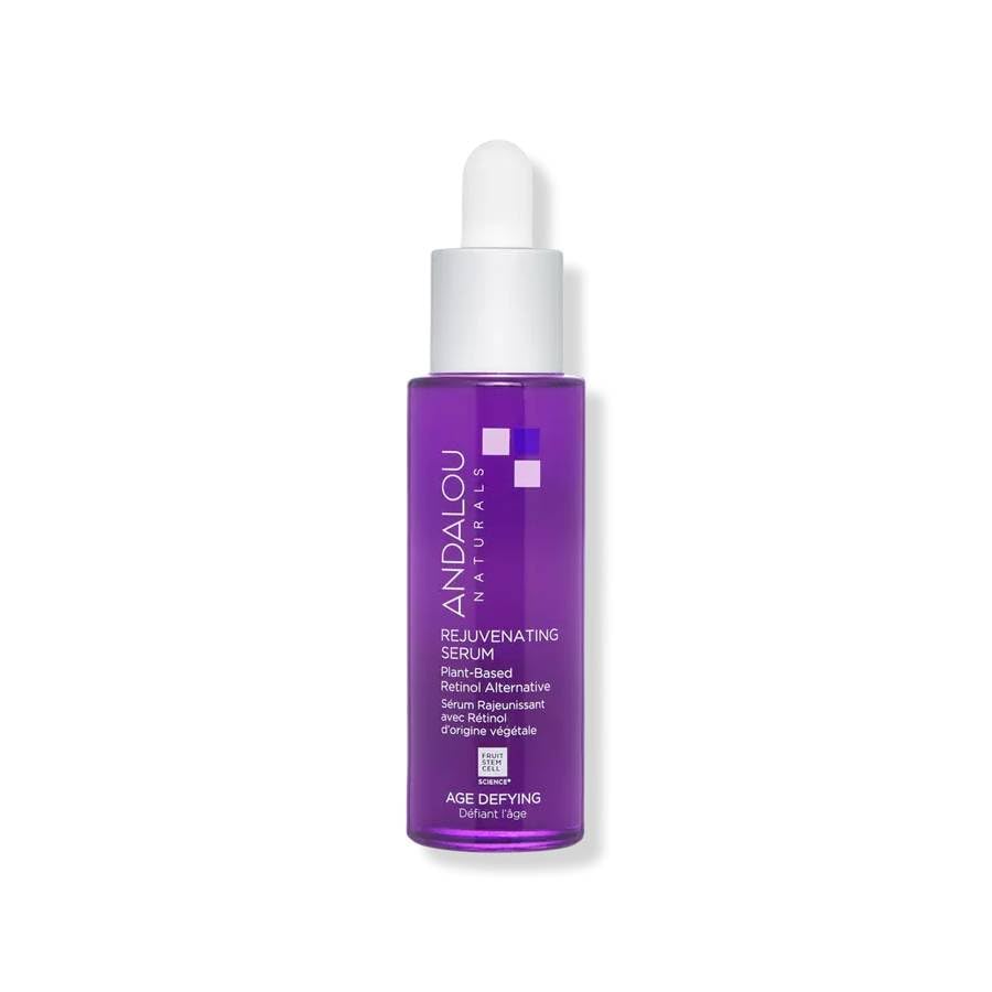 Andalou Naturals Rejuvenating Serum bottle pump demonstrates easy application.