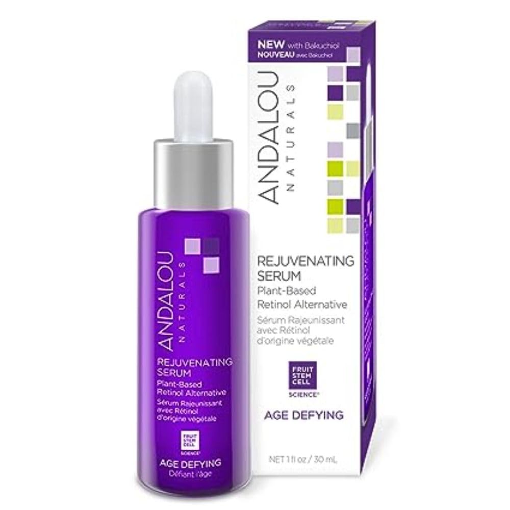 Andalou Naturals Rejuvenating Serum bottle highlights plant-based retinol for firmer skin.