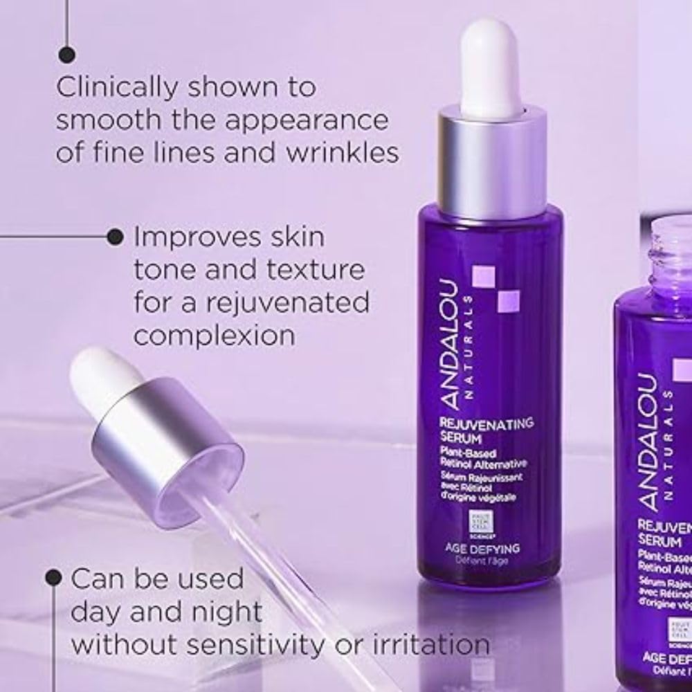 Andalou Naturals Rejuvenating Serum ingredients close-up with antioxidants and Bakuchiol.