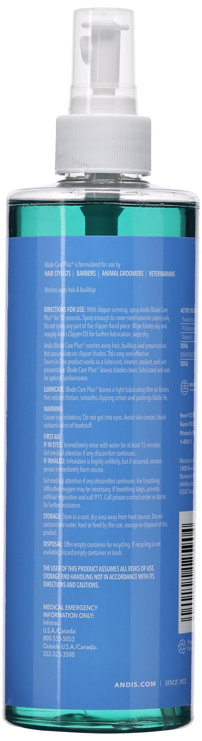 Andis Blade Care Plus spray nozzle applying lubricant to clipper blades.