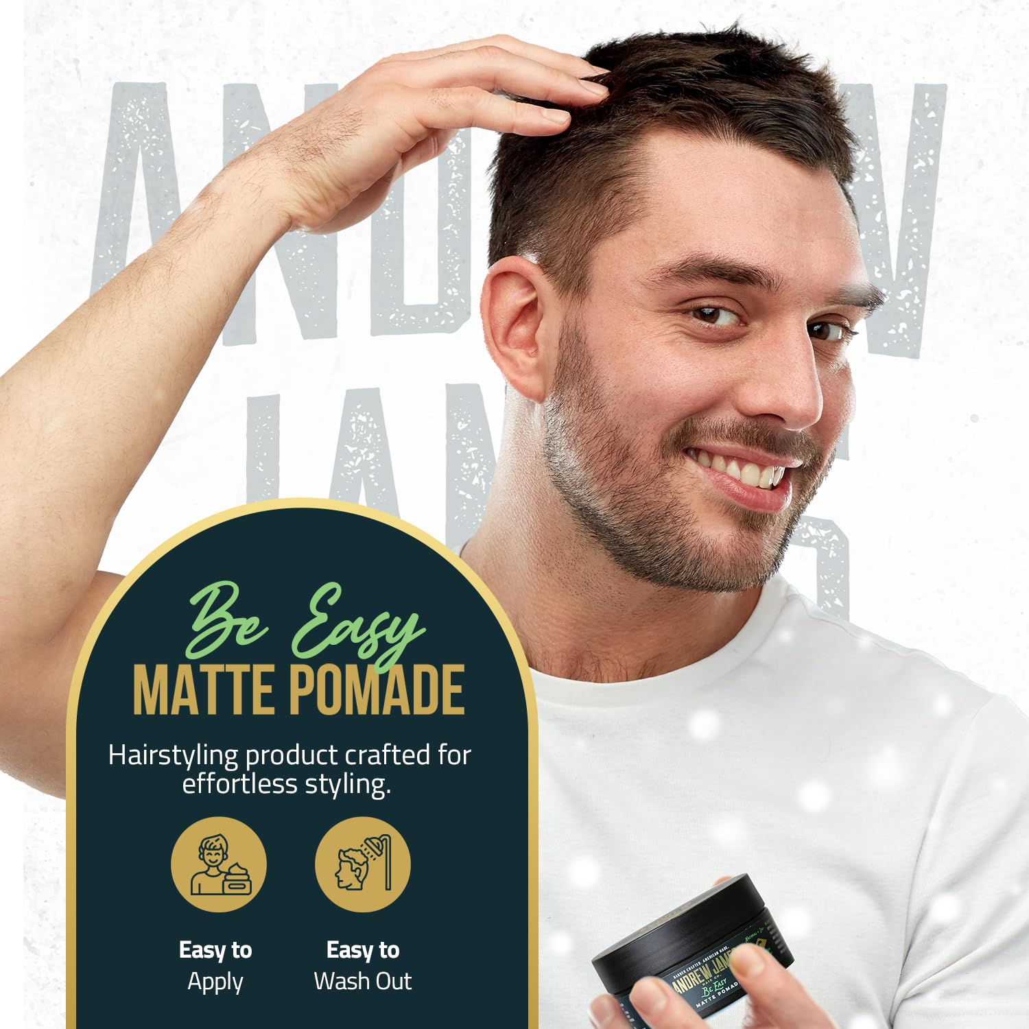 ANDREW JAMES Be Easy back-view shows how product coats hair for finish.