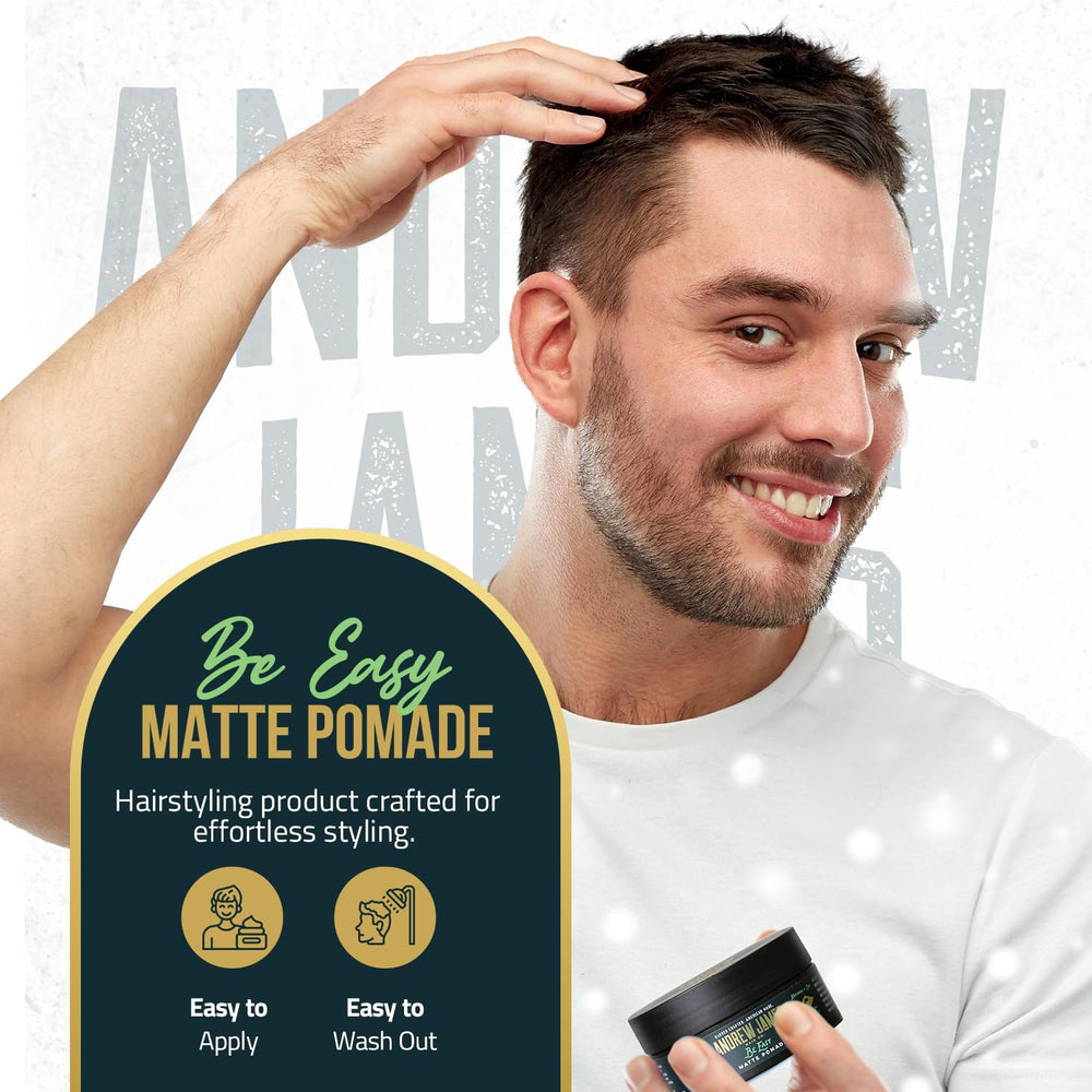 ANDREW JAMES Be Easy back-view shows how product coats hair for finish.