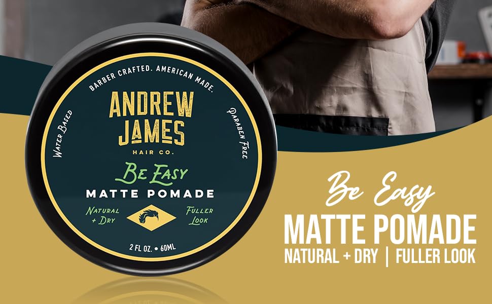 ANDREW JAMES Be Easy pomade scent: papaya coconut enhances daily grooming ritual.
