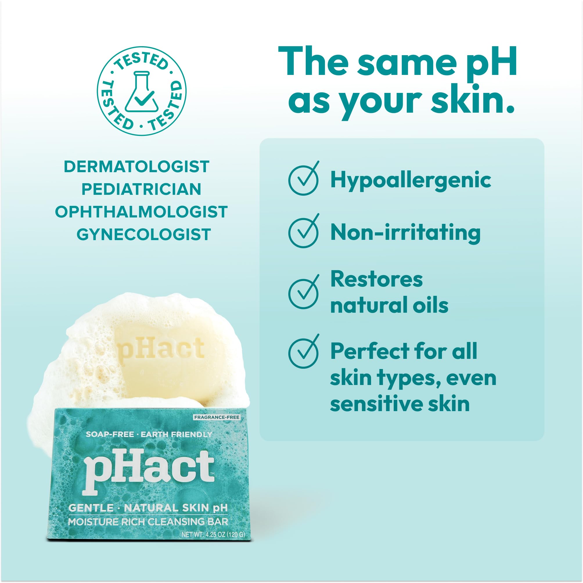 Andrew Lessman pHact bar shows skin-friendly pH balance at 5.7.