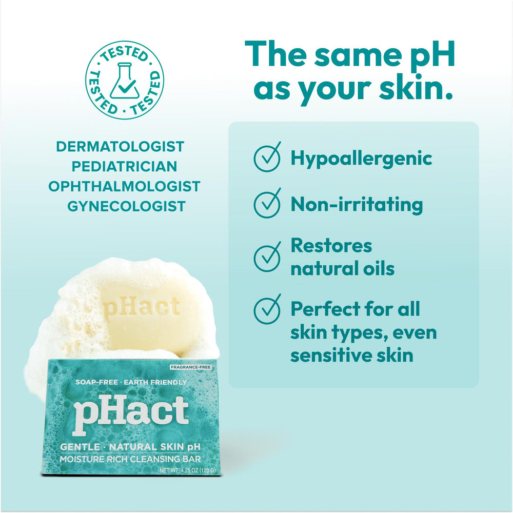 Andrew Lessman pHact bar shows skin-friendly pH balance at 5.7.
