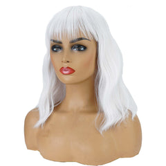 Andromeda white wavy wig side view showing shoulder-length bob.
