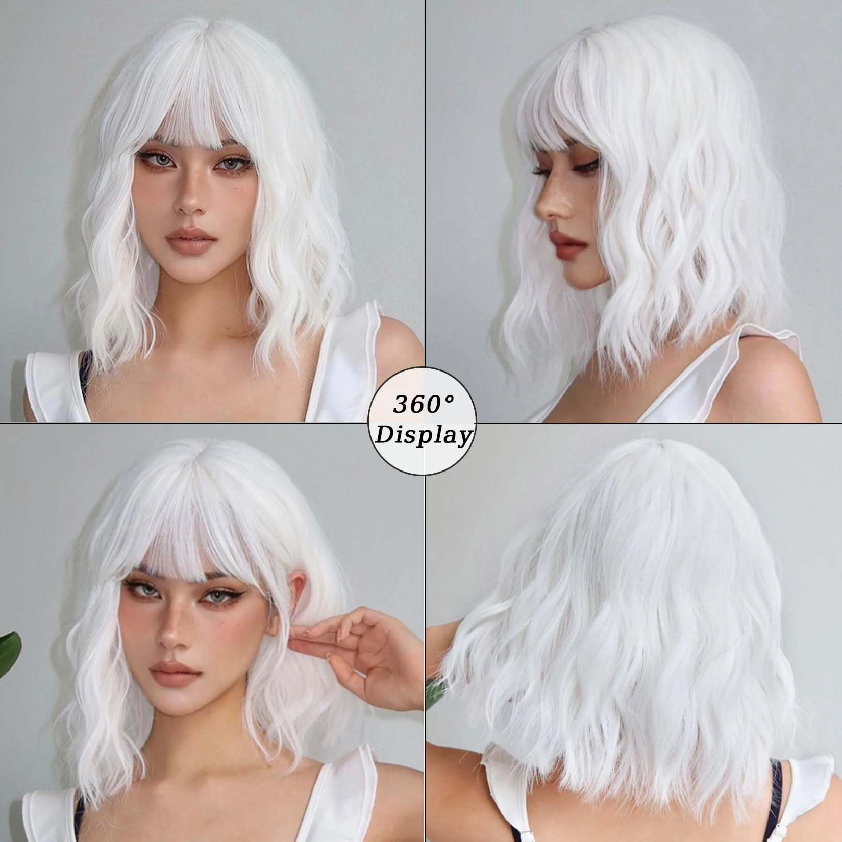 Andromeda white wavy wig cap adjustment detail for secure fit.