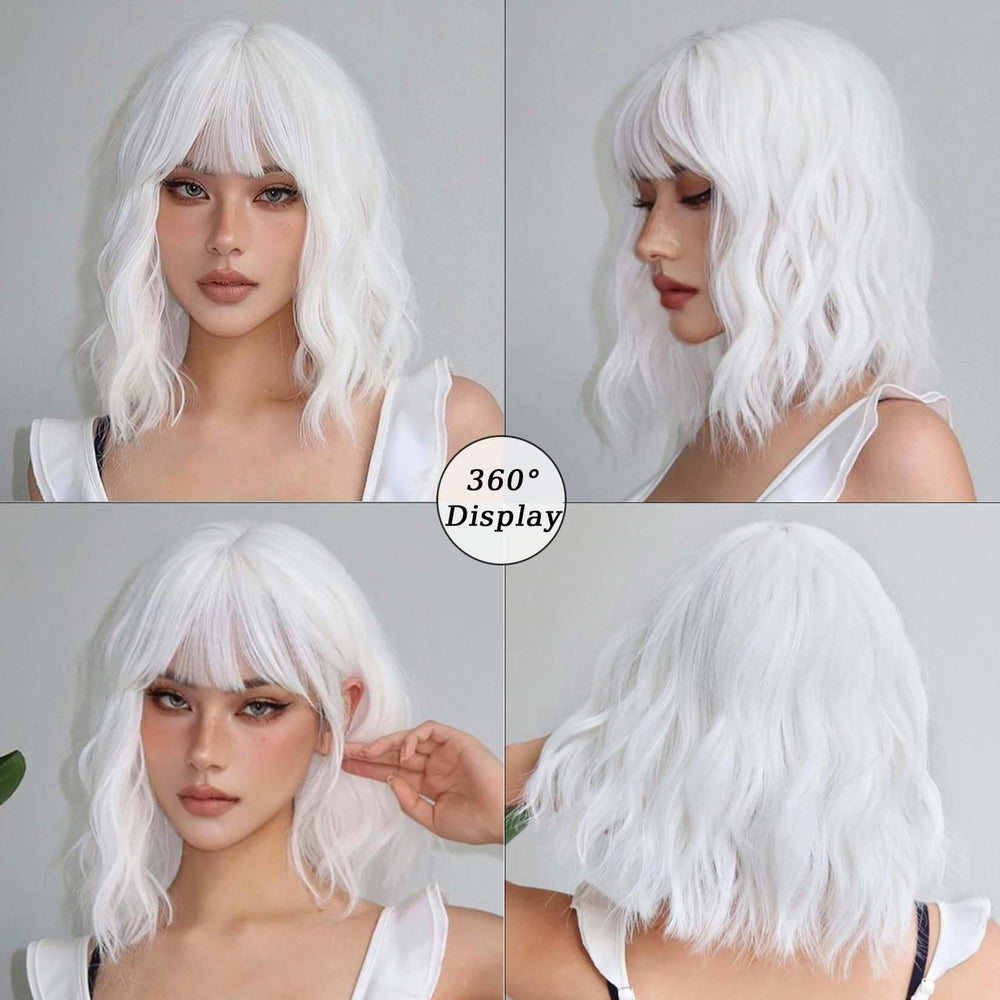 Andromeda white wavy wig cap adjustment detail for secure fit.