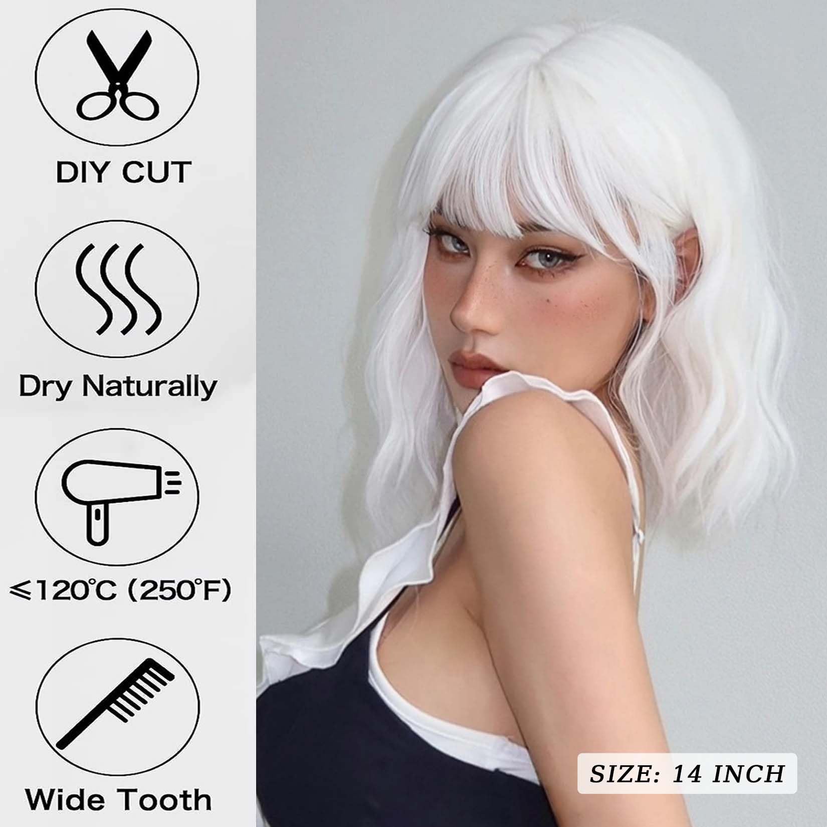 Andromeda white wavy wig 14 inch length for versatile styling.