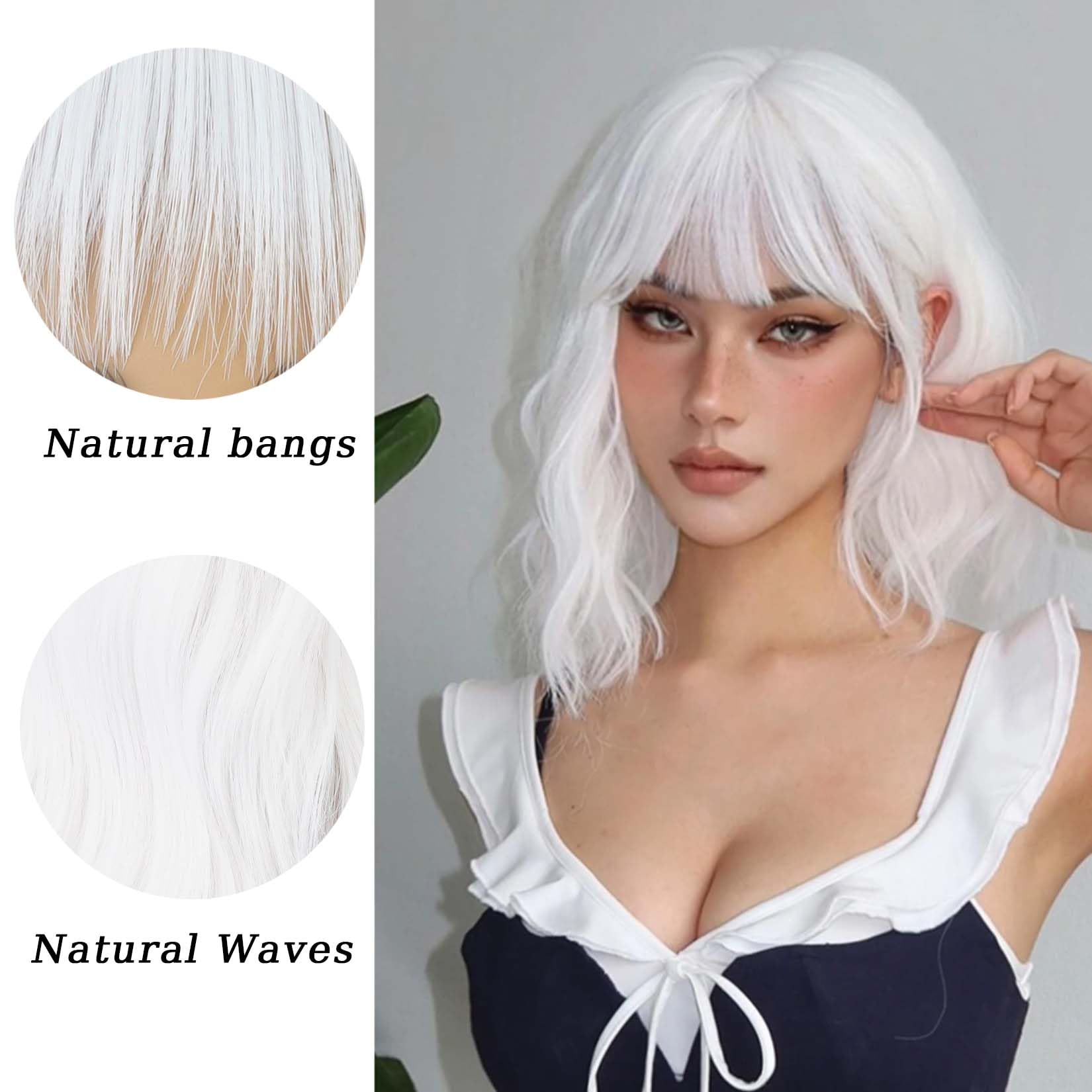 Andromeda white wavy wig texture close-up with heat resistant fibers.