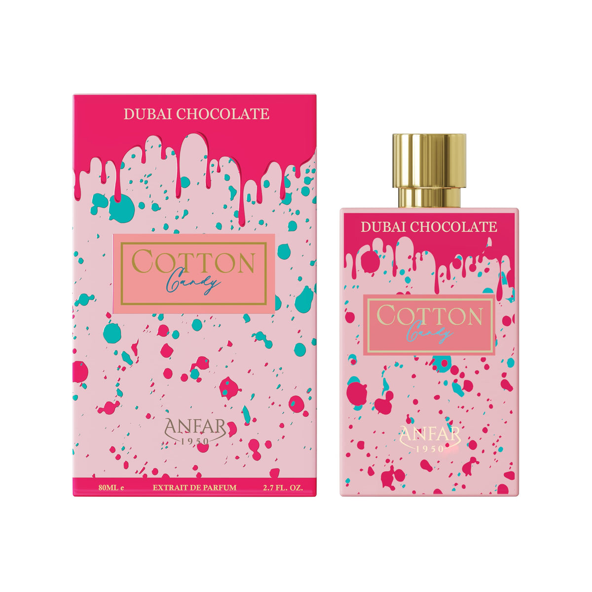 Anfar 1950 Dubai Chocolate Cotton Candy bottle-front, premium gourmand fragrance for daily elegance.