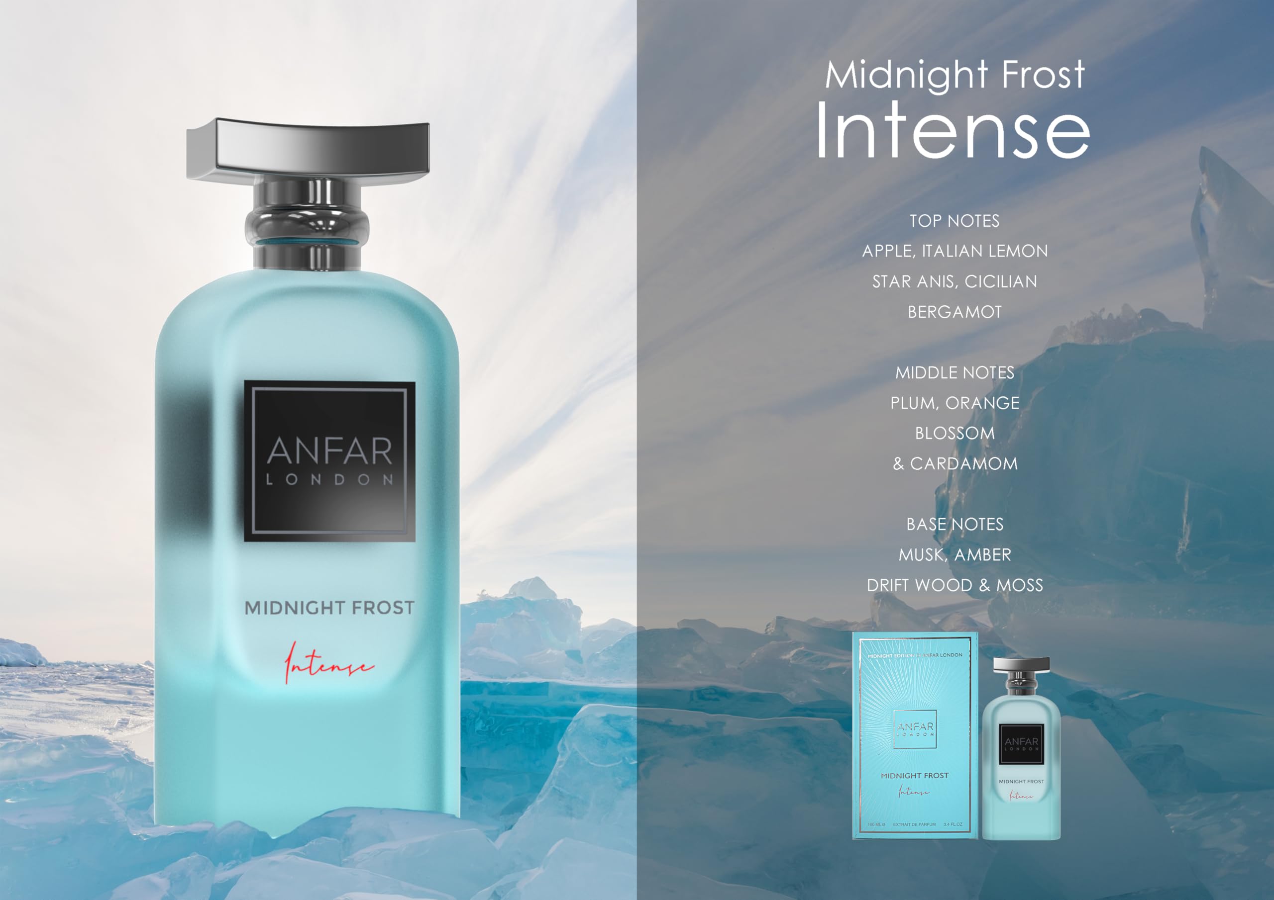 Anfar London Midnight Frost Intense packaging and bottle on display.