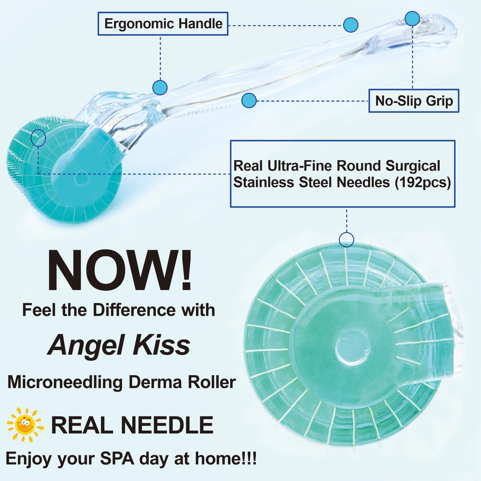 Angel Kiss derma roller being rolled on skin in a safe technique.