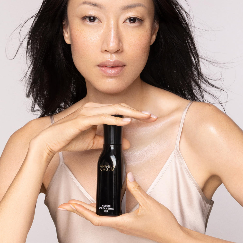 Angela Caglia Neroli Cleansing Oil emulsifies into a milky wash during application.