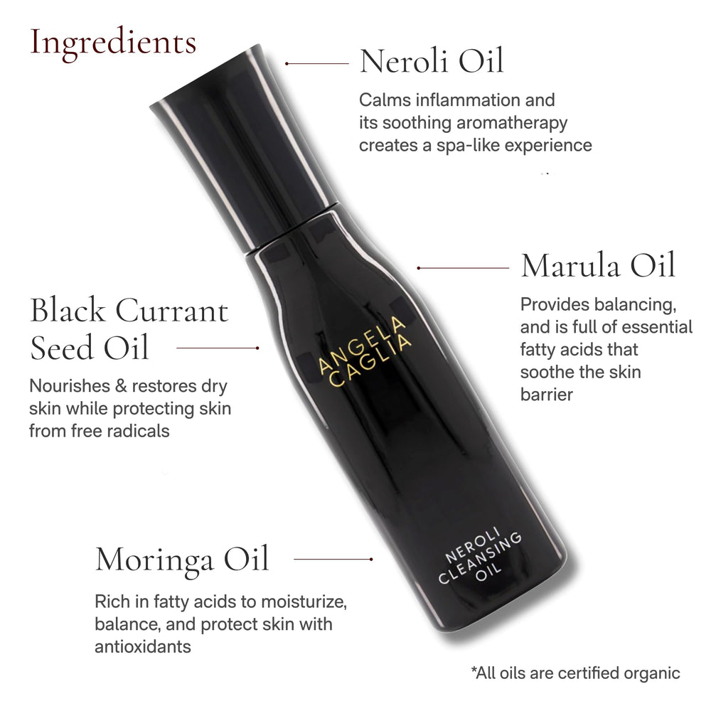 Angela Caglia Neroli Cleansing Oil with moringa and neroli oils for nourished, refreshed skin.