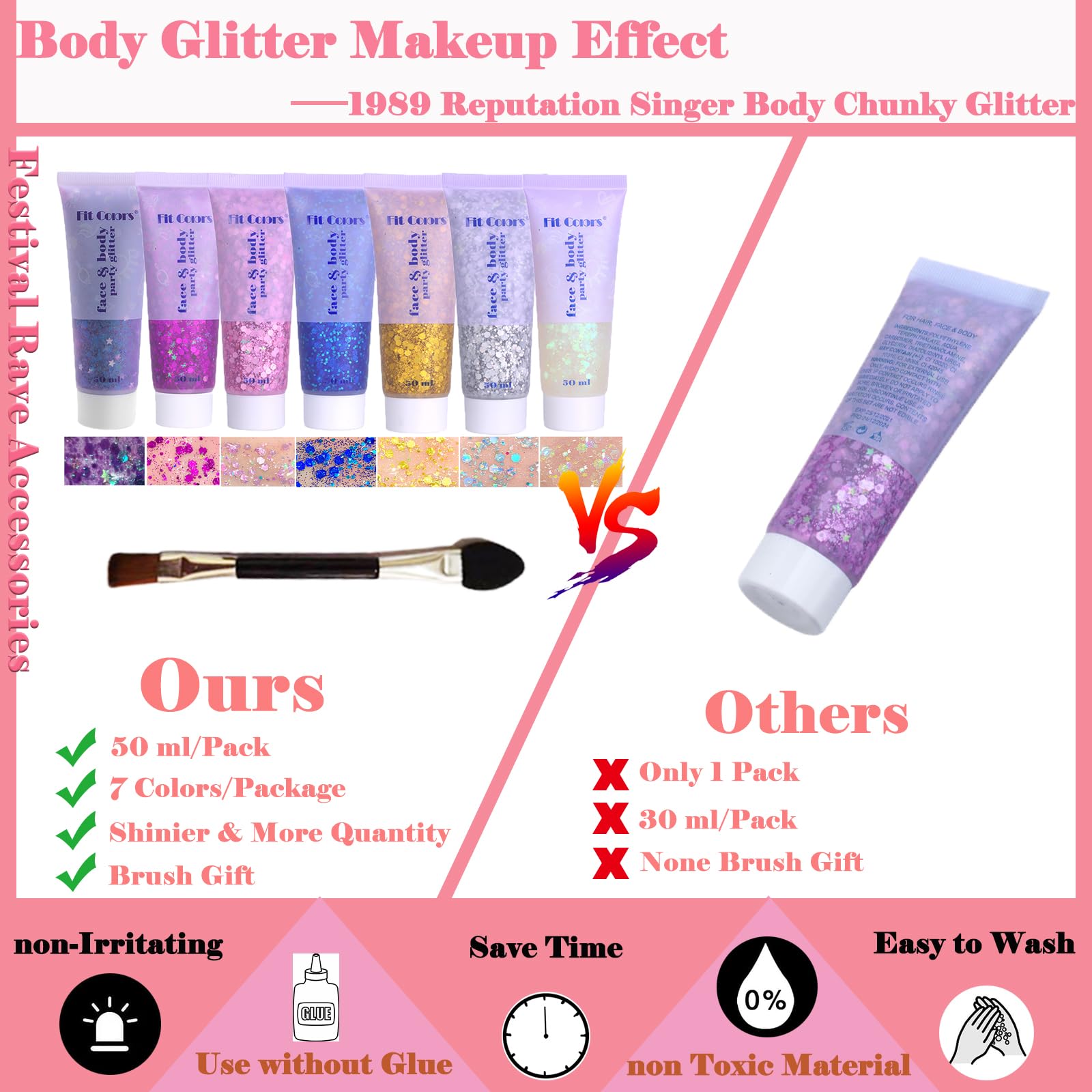 Angels Beauty Body Glitter Gel highlights hair and cheeks for party sparkle.