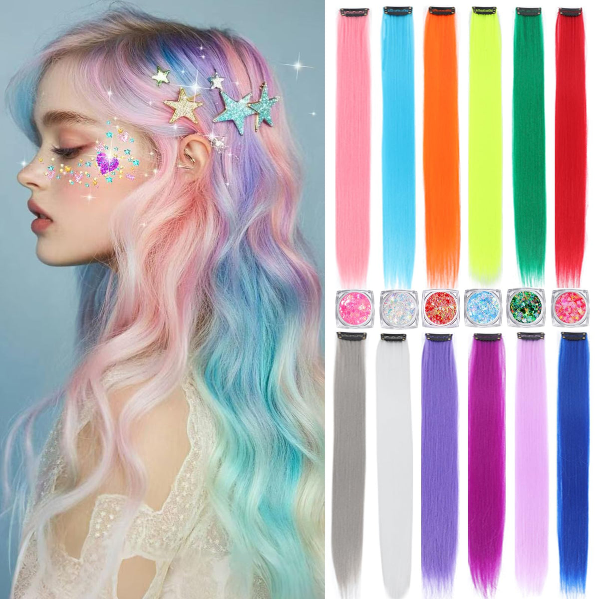 Angels Beauty Glitter Rainbow Clip-in Extensions, vibrant colors for party-ready looks