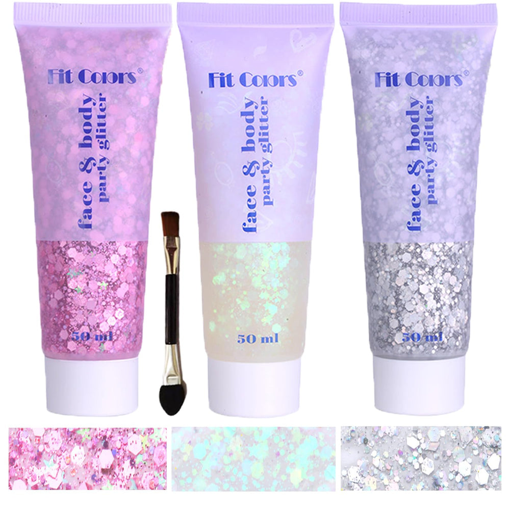 Angels Beauty mermaid glitter gel on face for festival sparkle.