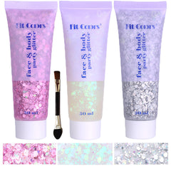 Angels Beauty mermaid glitter gel on face for festival sparkle.